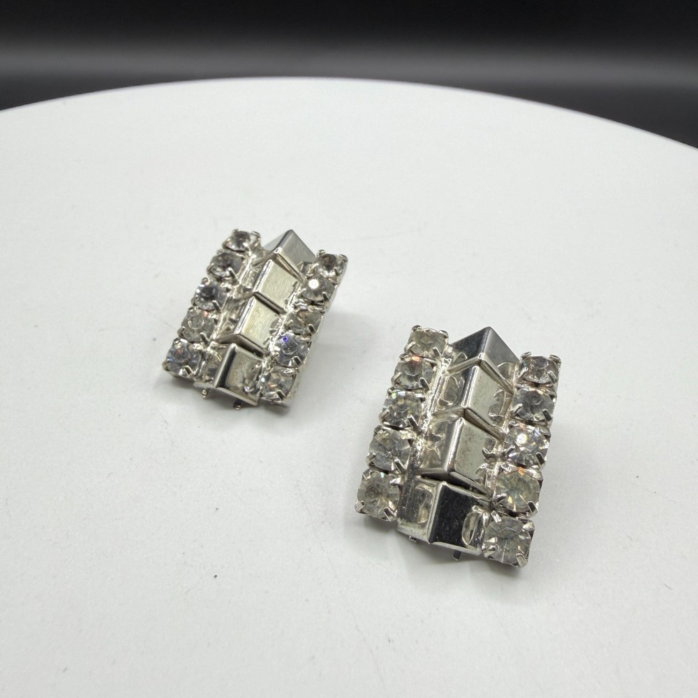 Silver Tone Clear Rhinestone Geometric Clip On Earrings Art Deco Statement Pair